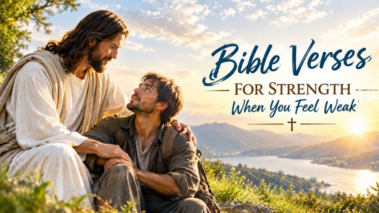 Jesus comforting a weary person with Bible verses for strength